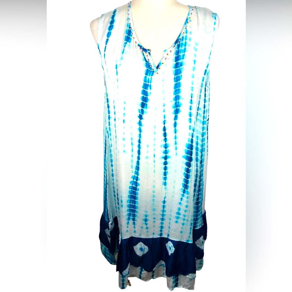 NWT AREA STARS Blue And White BOHO Beach Dress Semi -Sheer  Size Med